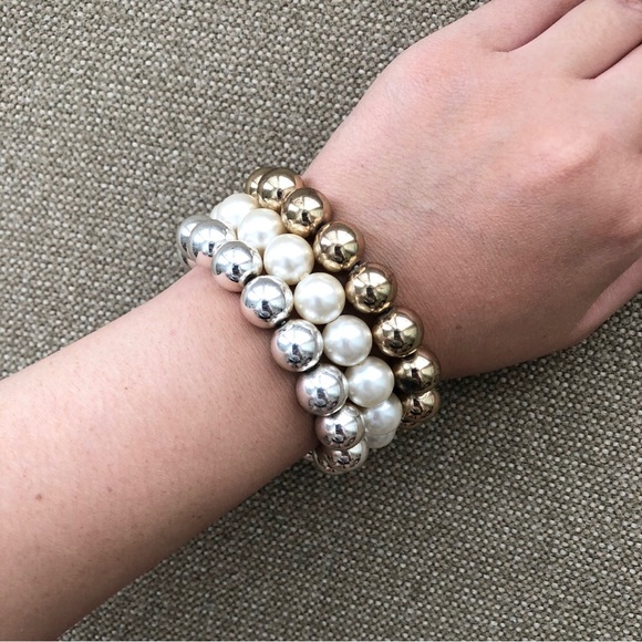 Gold, Faux Pearl & Silver Ball Bracelets - Picture 2 of 2